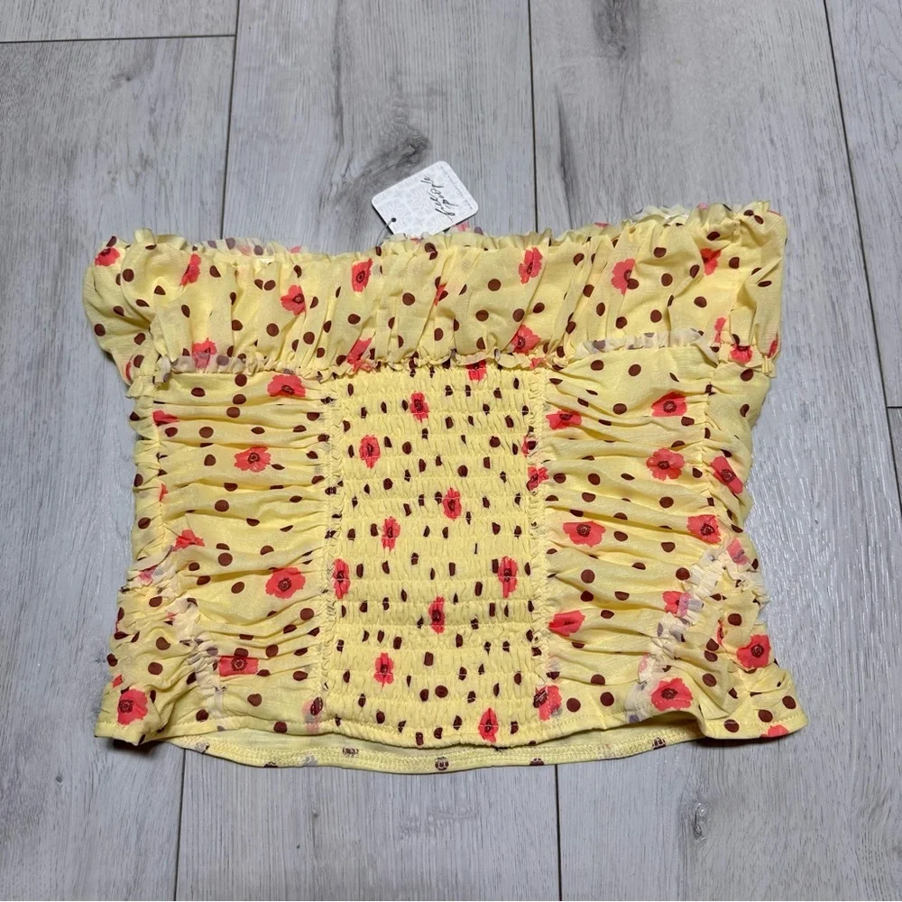 New With Tags Free People Yellow Ruffled Floral Polka Dot Crop Top